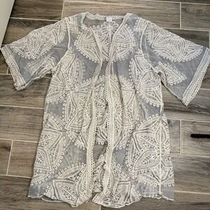 Embroidered Sheer Lace Open Cardigan Womens XXL Ivory Cream Cottagecore Boho